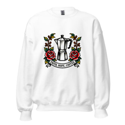 Unisex Coffee Moka Pot Sweatshirt - Faith, Hope, Coffee Tattoo Design
