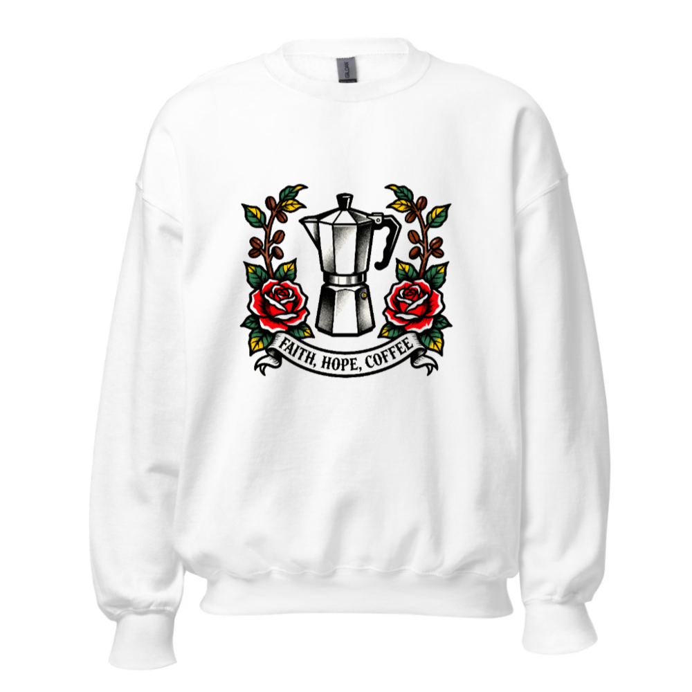 Unisex Coffee Moka Pot Sweatshirt - Faith, Hope, Coffee Tattoo Design