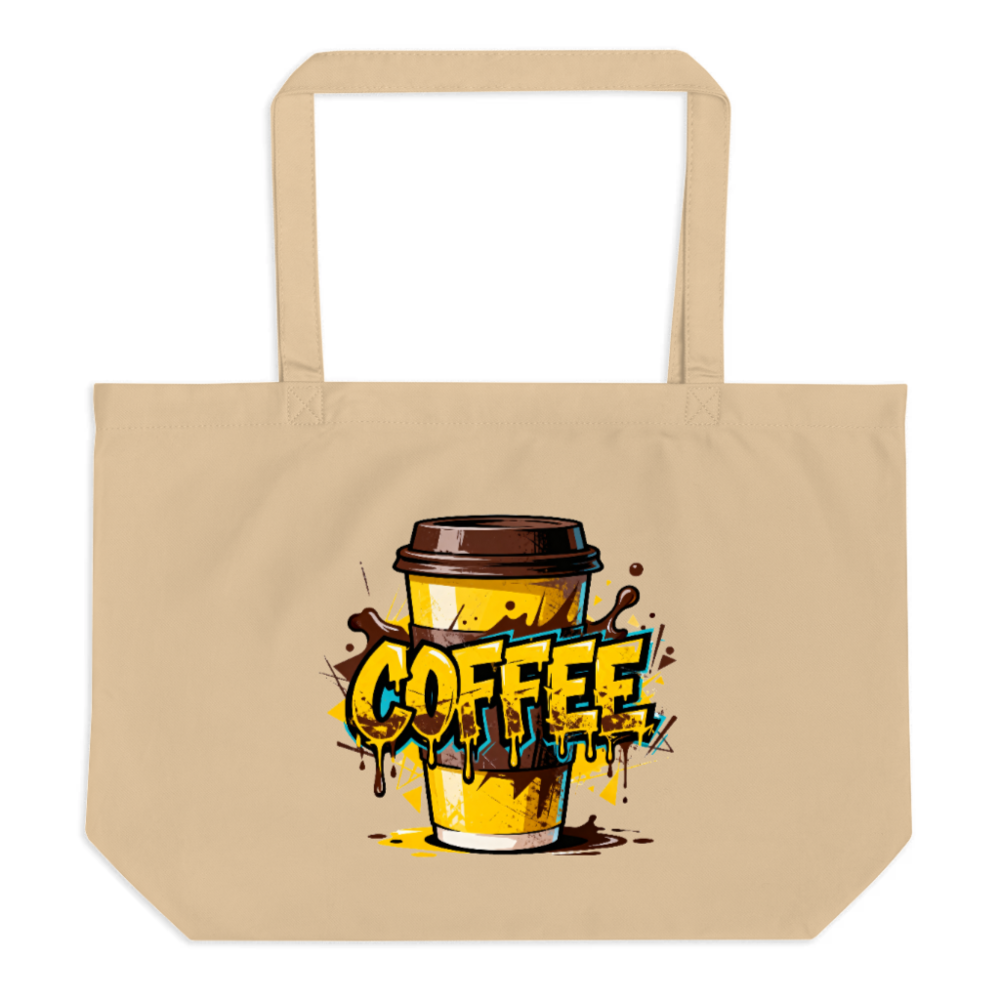 Large Organic Tote Bag with Coffee Art Design - Eco-Friendly & Reusable