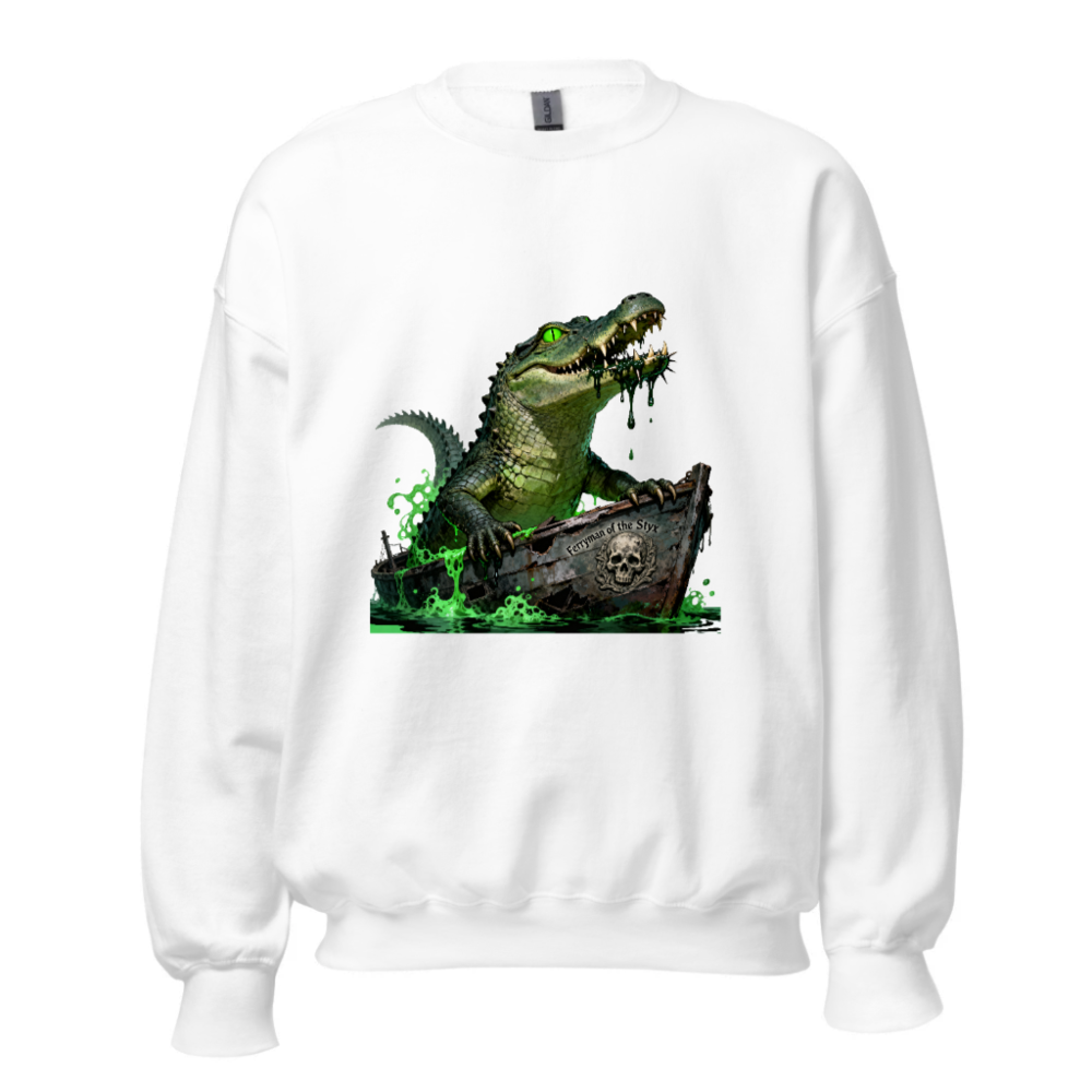 Pirate Crocodile Sweatshirt - Unisex Crew Neck, Green Gator Boat Design