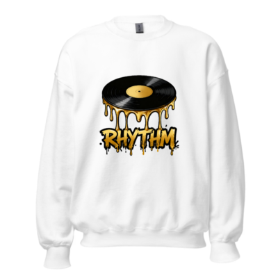 Unisex RHYTHM Vinyl Record Sweatshirt - Gold Drip Design, Crew Neck