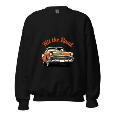 Unisex Crew Neck Sweatshirt - Hit the Road Classic Car Graphic, Black