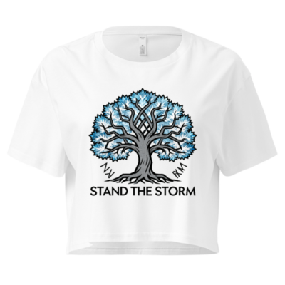 Women's Crop Top - Stand the Storm Tree Graphic Tee, Blue & Black Design