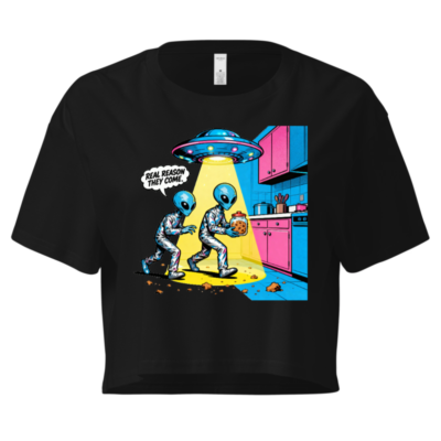Women's Crop Top - Alien Cookie Theft Graphic Tee, Blue UFO Kitchen Scene