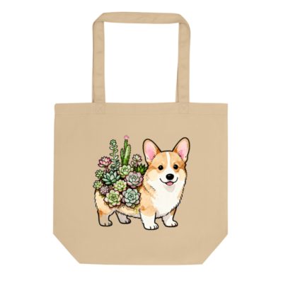 Eco Oyster Tote Bag | Corgi with Succulents Design | Sustainable Canvas Tote