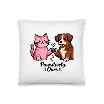 Pawsitively Ours - Pink Cat & Brown Dog Pillow, 18"x18" Basic Pillow