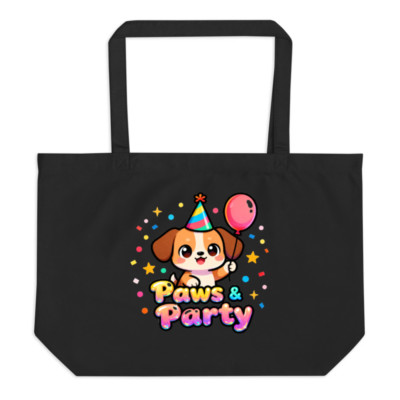 Organic Paws & Party Tote Bag - Large Black Eco-Friendly Canvas Tote