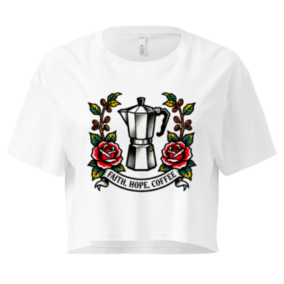Women's Crop Top - Faith, Hope, Coffee Moka Pot Rose Tattoo Design