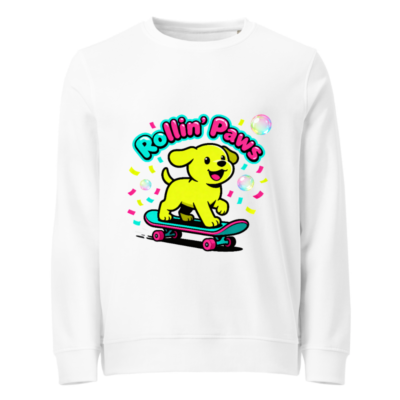 Unisex Organic Sweatshirt | Rollin' Paws Yellow Puppy Skateboard Design