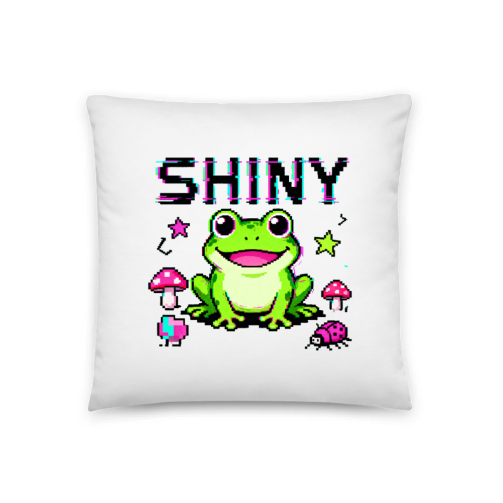 Shiny Frog Pixel Art Pillow 18"x18" - Cute Green Frog Design with Mushrooms & Ladybug