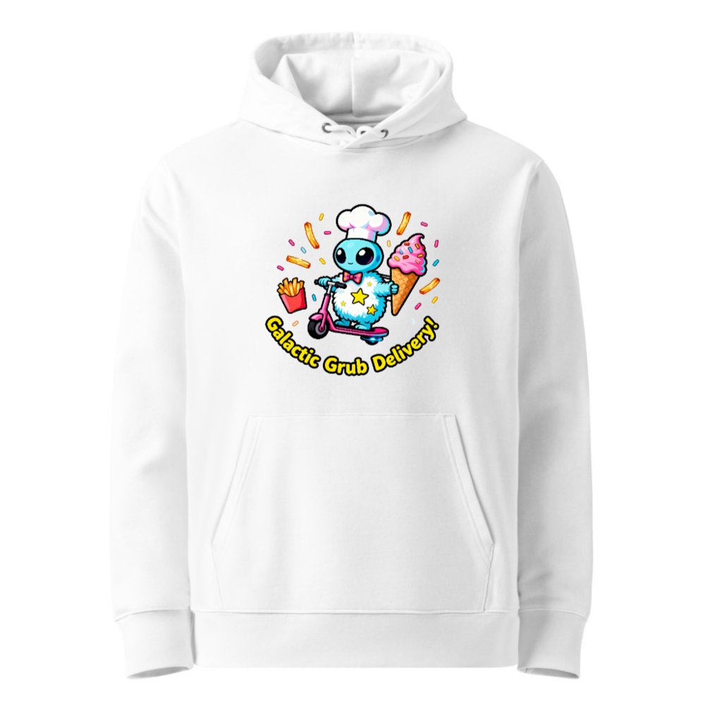Unisex Eco Hoodie | Galactic Grub Delivery! Chef Alien Scooter Design