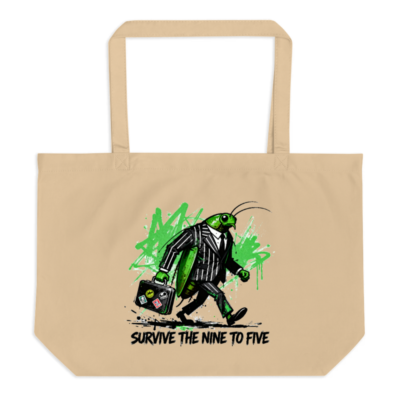 Organic Tote Bag | Green Grasshopper in Suit with Briefcase | Survive the Nine to Five