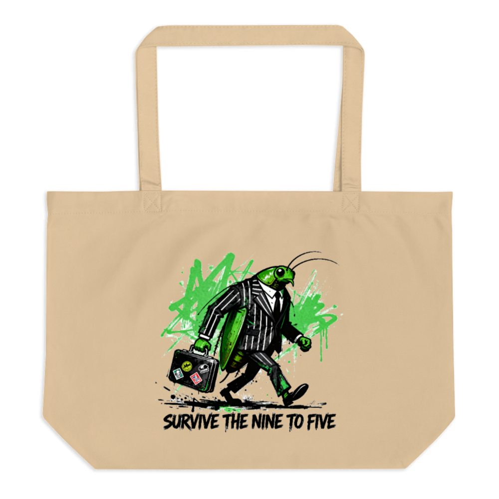 Organic Tote Bag | Green Grasshopper in Suit with Briefcase | Survive the Nine to Five