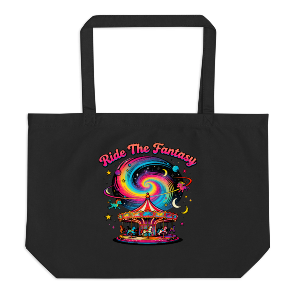 Large Black Organic Tote Bag | Ride The Fantasy Carousel Design