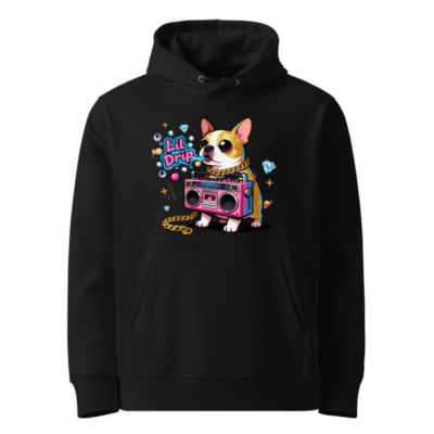Unisex Eco Hoodie with Lil Drip Dog & Boombox Graphic - Sustainable Sweatshirt