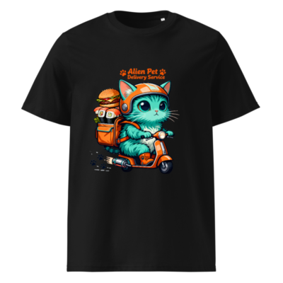 Unisex Organic Cotton T-Shirt | Alien Pet Delivery Service Cat on Scooter