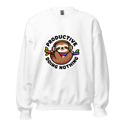Unisex Crew Neck Sweatshirt - Sloth with Rainbow Headphones, 'Productive Doing Nothing' Funny Design