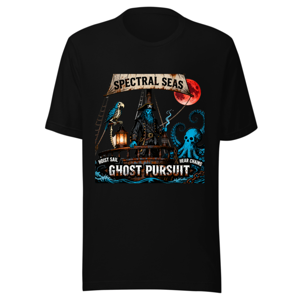 Spectral Seas Ghost Pursuit Unisex T-Shirt | Blue Pirate & Octopus Design