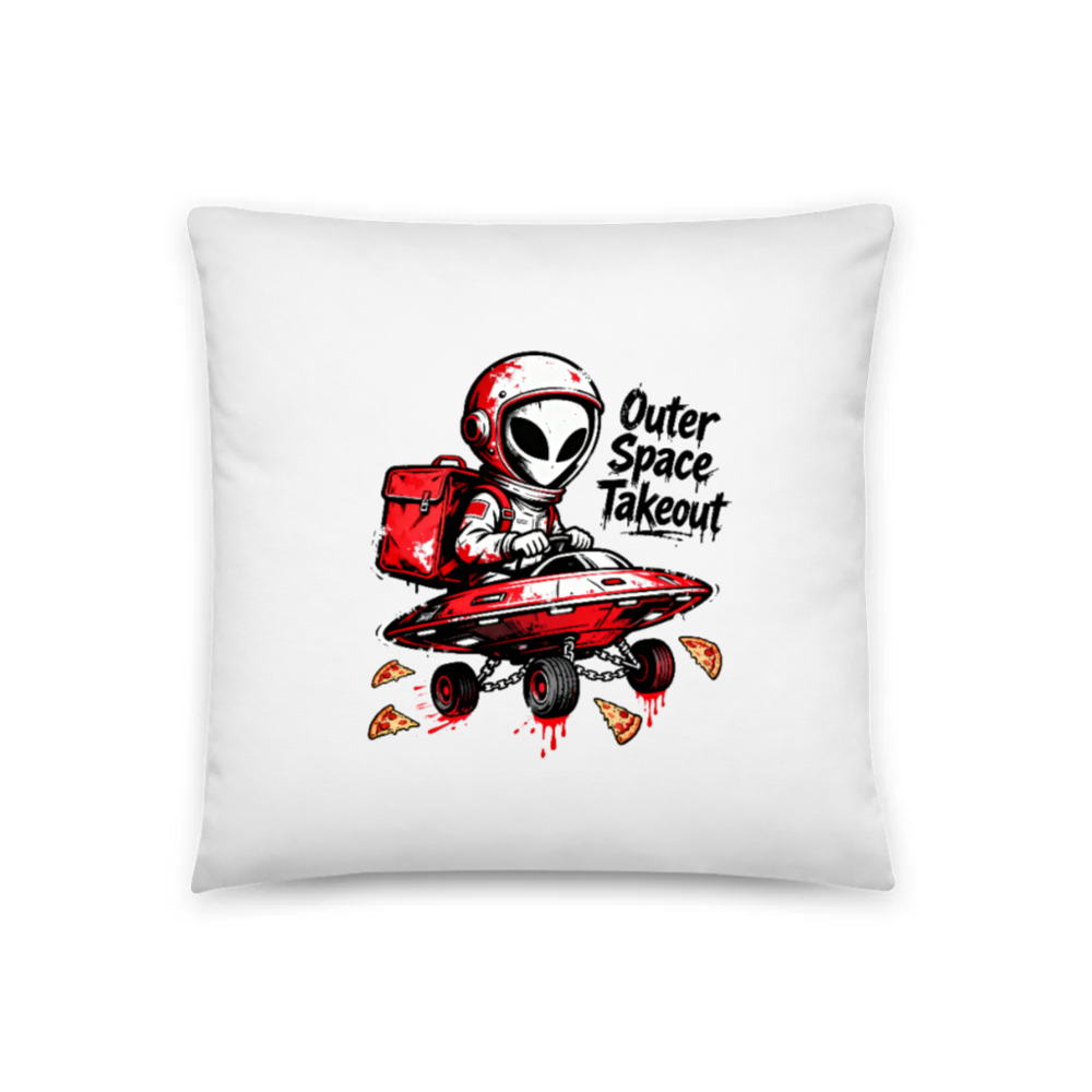Outer Space Takeout Alien Pizza Delivery Pillow 18"x18" - Red UFO & Pizza Design