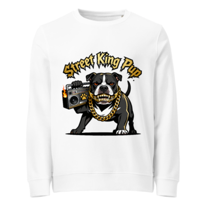 Street King Pup Unisex Organic Sweatshirt - Black & White Bulldog with Gold Chain & Boombox