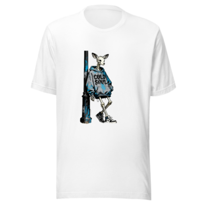 Unisex Staple T-Shirt - Skeleton Deer in Hoodie, 'COLD SOUL' Street Art Design