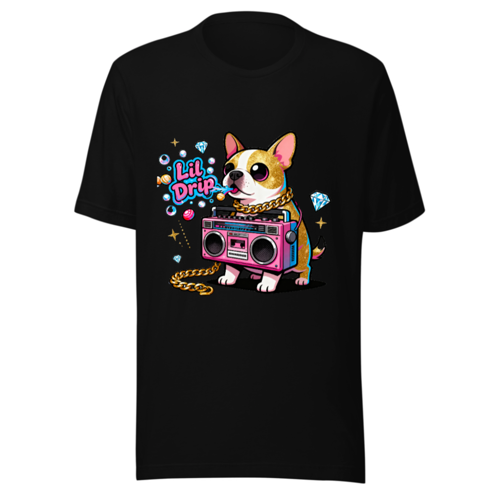 Unisex Staple T-Shirt - Lil Drip Dog with Boombox & Gold Chain Graphic