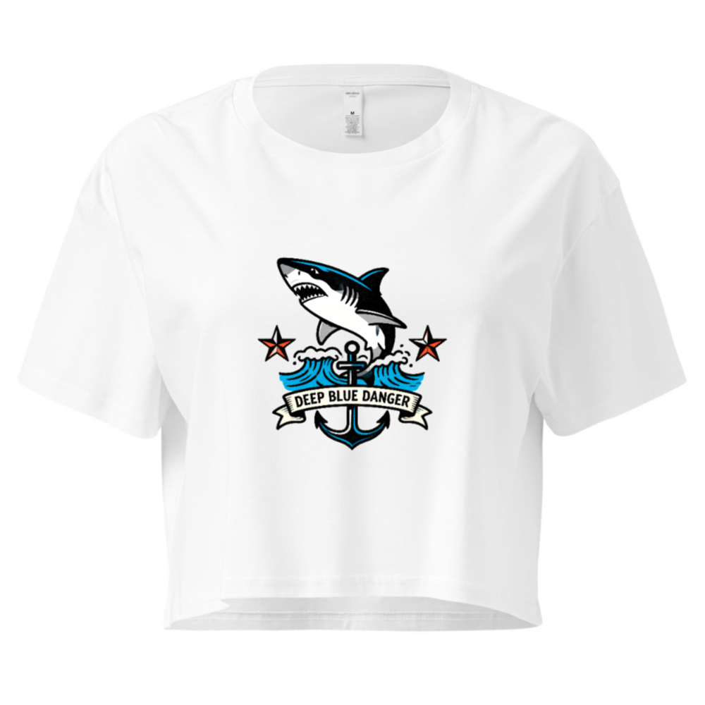 Women's Crop Top with Shark & Anchor Graphic - Deep Blue Danger
