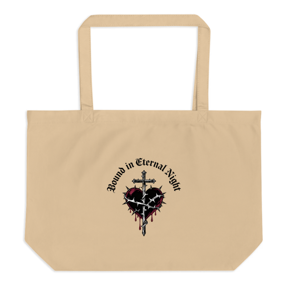 Large Organic Tote Bag | Bound in Eternal Night Heart & Cross Design