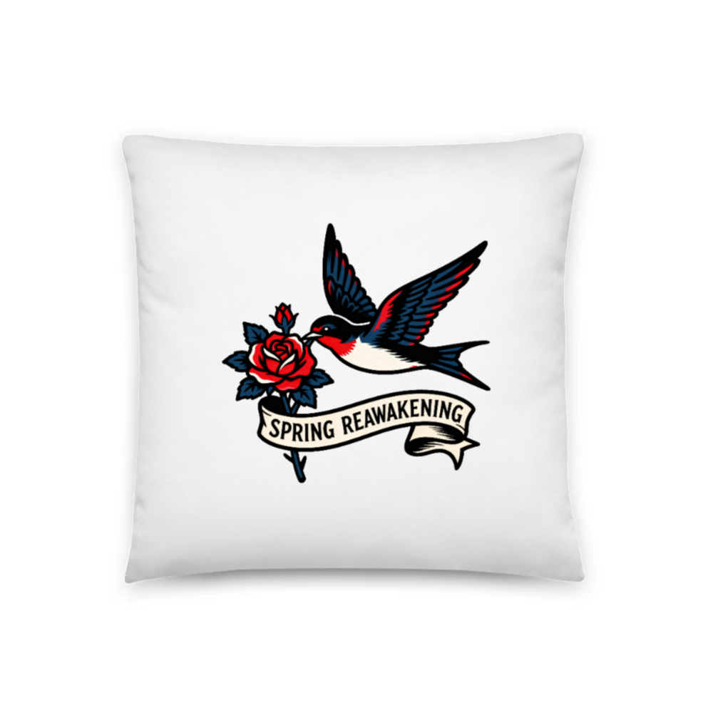 Spring Reawakening Sparrow & Rose 18" Pillow - Vintage Tattoo Art Decor