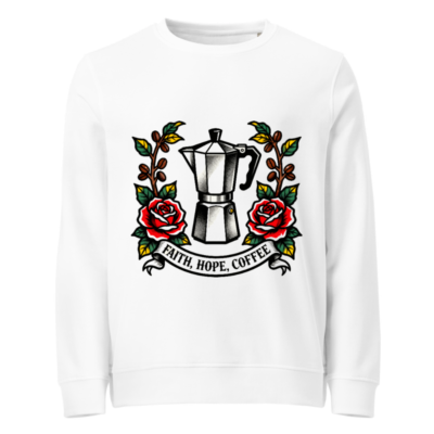 Unisex Organic Sweatshirt | Faith, Hope, Coffee Moka Pot Rose Tattoo Design