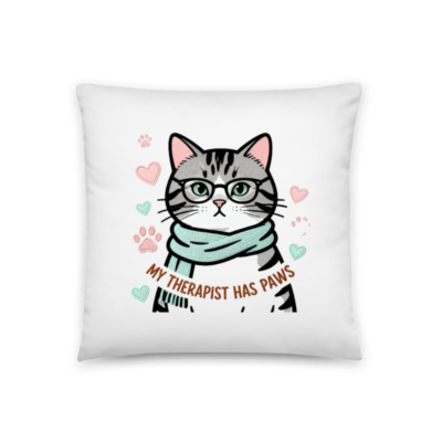 My Therapist Has Paws Cat Pillow 18"x18" - Cute Therapy Cat with Glasses & Scarf