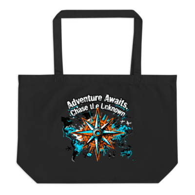 Organic Tote Bag, Large Black Adventure Compass Design - Eco-Friendly & Sustainable