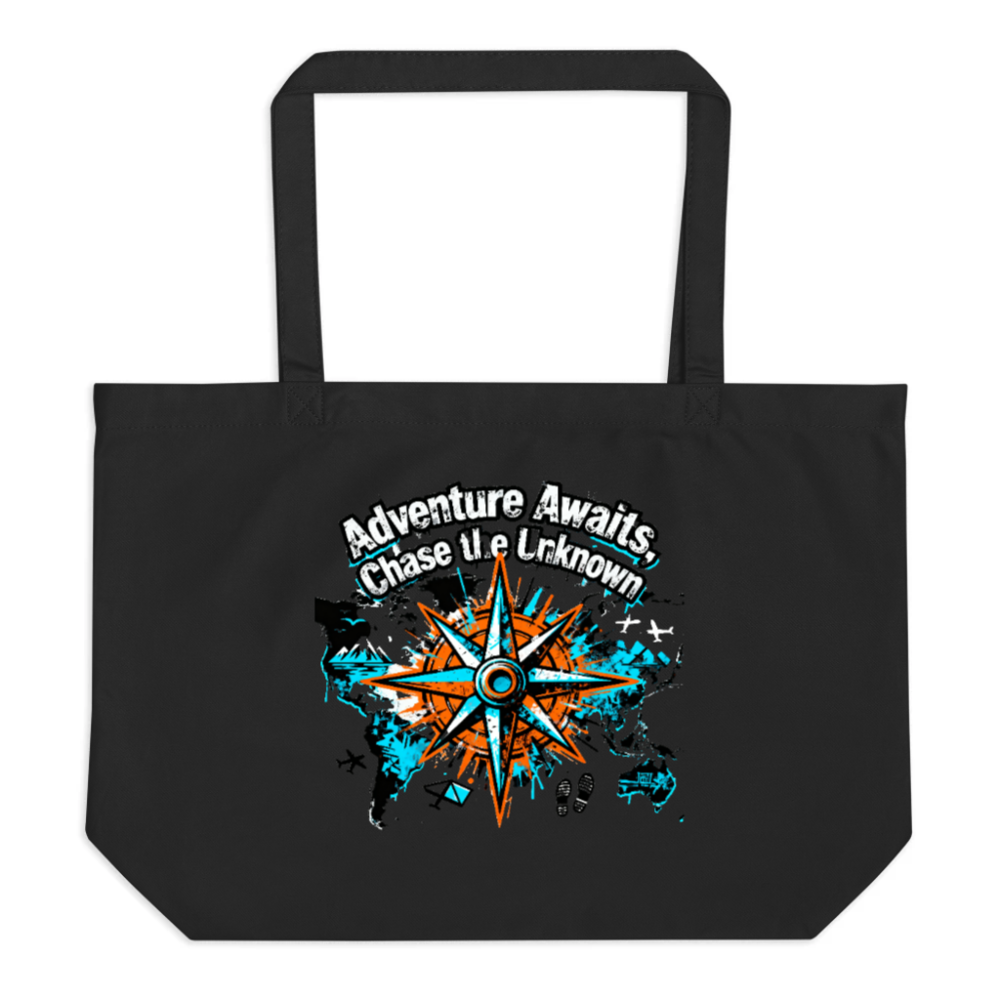 Organic Tote Bag, Large Black Adventure Compass Design - Eco-Friendly & Sustainable
