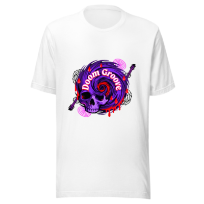 Doom Groove Skull T-Shirt | Unisex Staple Tee with Purple Spiral & Guitar Design