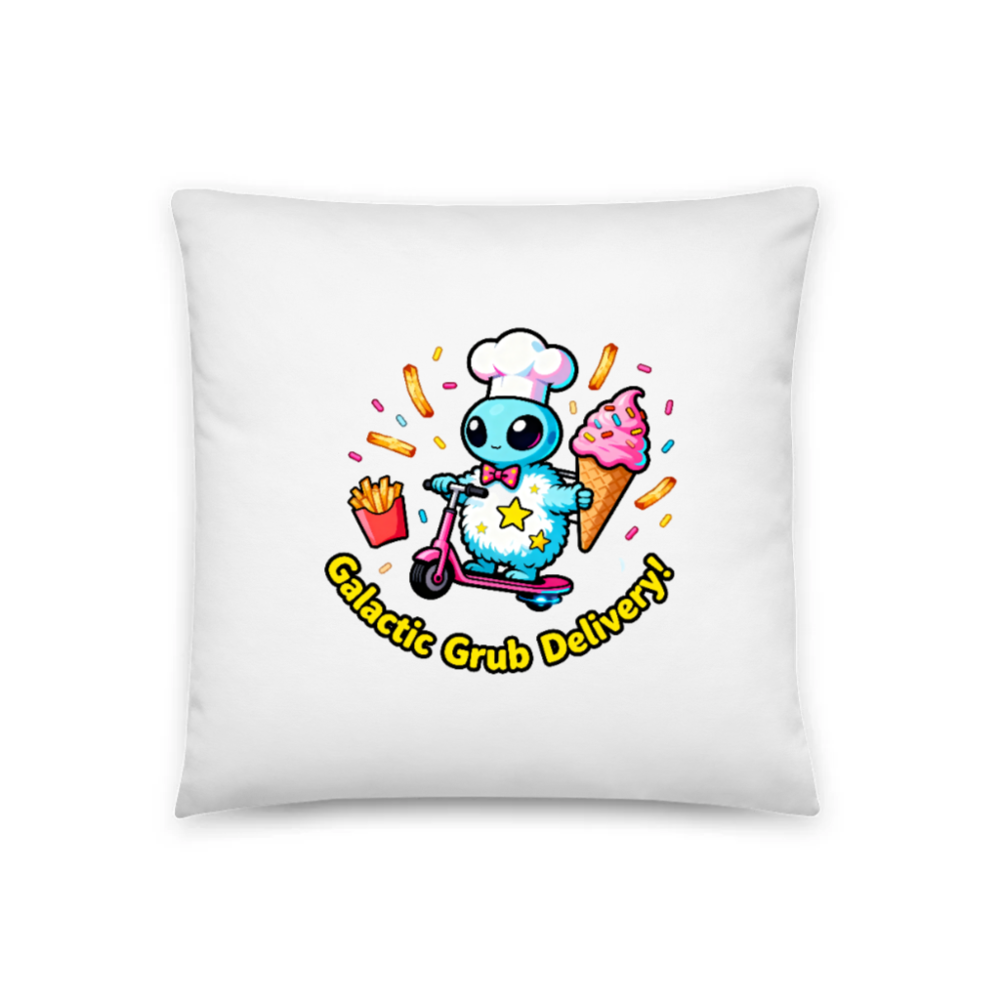Galactic Grub Delivery! Blue Alien Chef on Scooter - 18" x 18" Basic Pillow