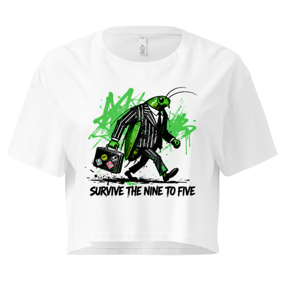 Green Grasshopper Businessman Crop Top - Survive the Nine to Five, Women's Short Sleeve