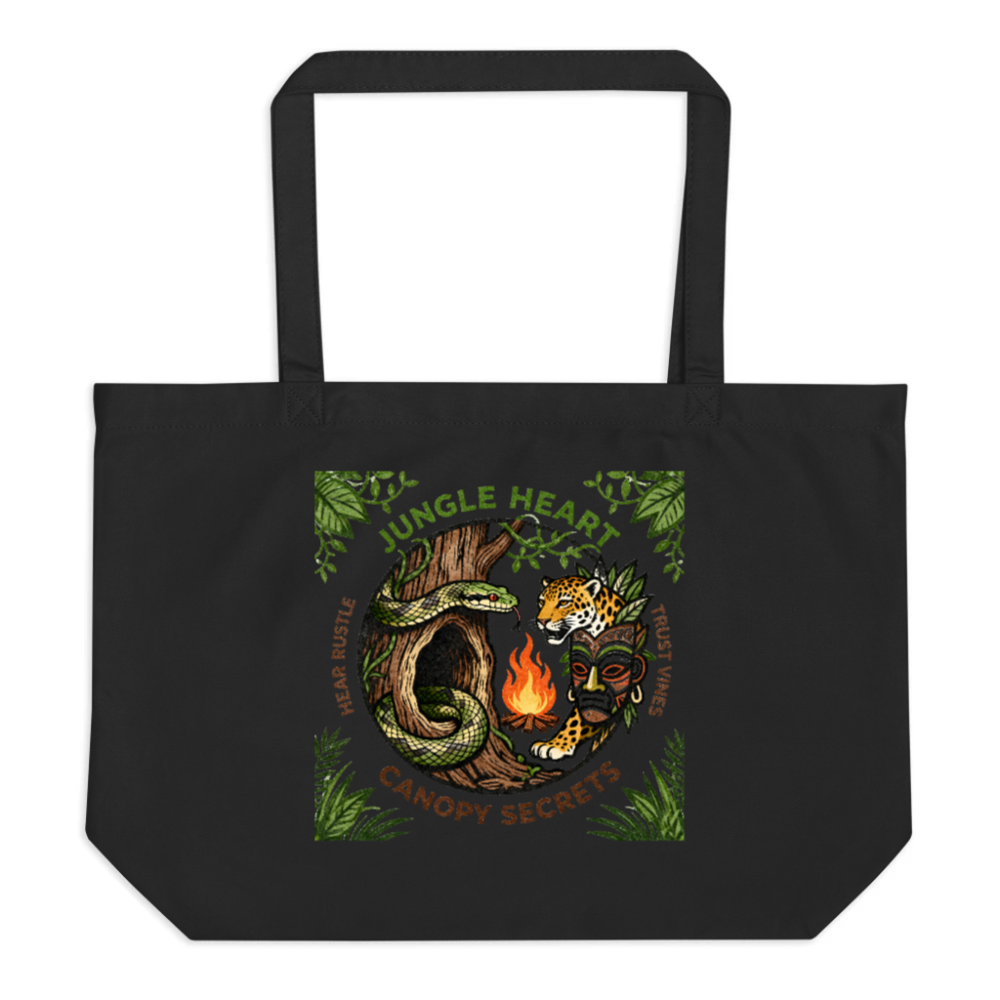 Organic Black Tote Bag | Jungle Heart Canopy Secrets Design