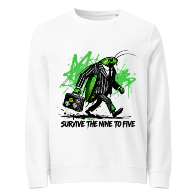 Unisex Organic Sweatshirt | Green Grasshopper in Suit with Briefcase | Survive the Nine to Five
