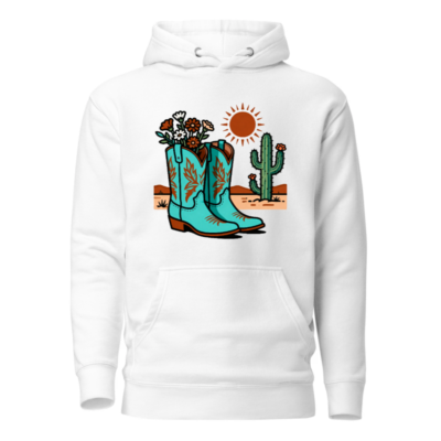 Unisex Premium Pullover Hoodie - Blue Cowboy Boots & Cactus Desert Design