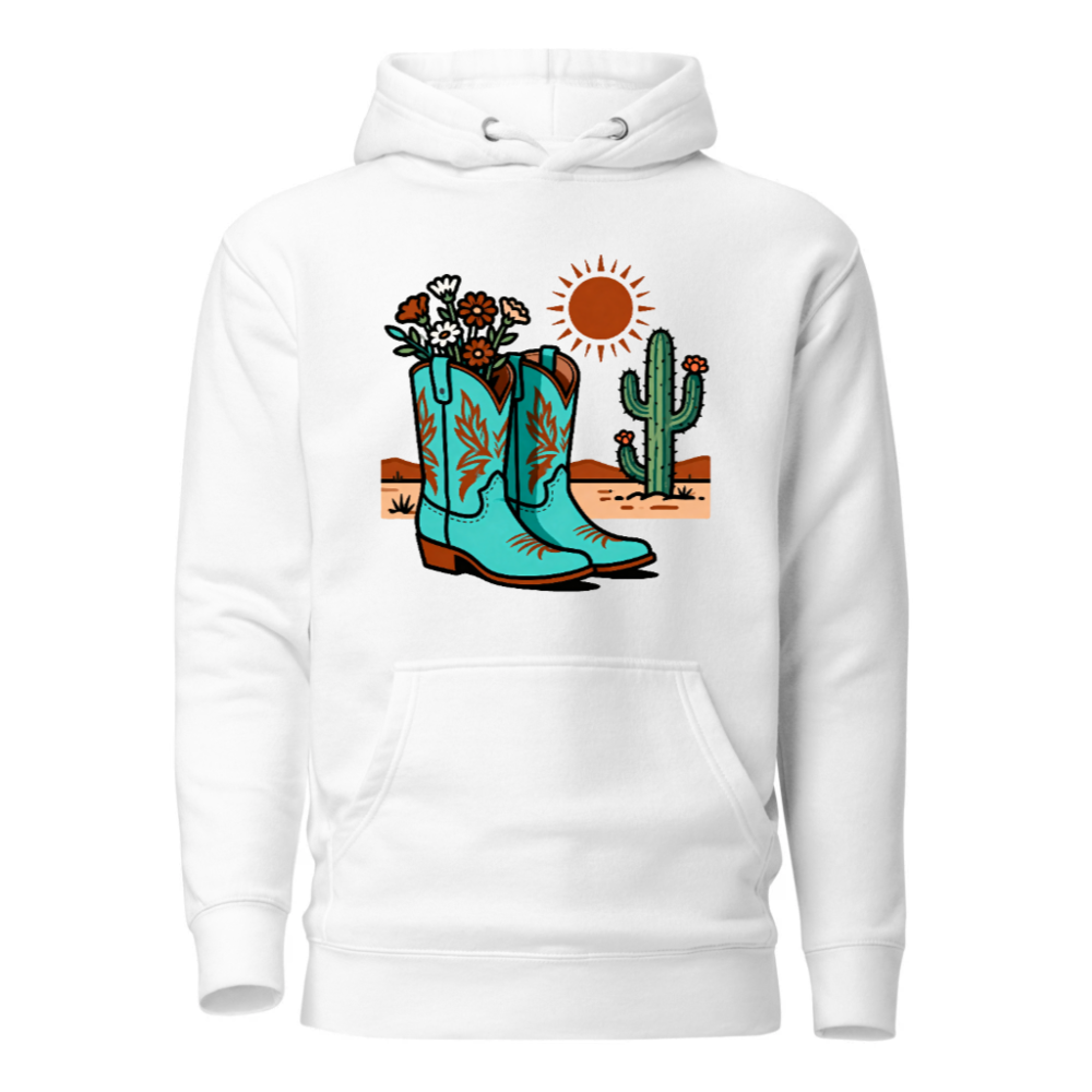 Unisex Premium Pullover Hoodie - Blue Cowboy Boots & Cactus Desert Design