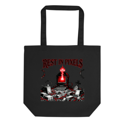 Rest in Pixels Eco Black Tote Bag | Sustainable Reusable Tote with Vintage Tech Graveyard Art