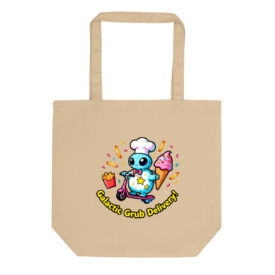 Eco Oyster Tote Bag | Galactic Grub Delivery Alien Chef Scooter Design