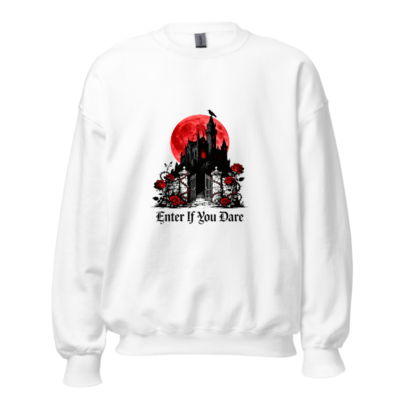 Unisex Crew Neck Sweatshirt - Gothic Castle & Red Moon Design, 'Enter If You Dare'