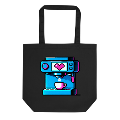 Eco Black Tote Bag | Pixel Art Coffee Machine Design | Sustainable Reusable Shopping Bag