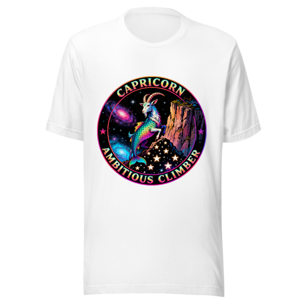 Capricorn Ambitious Climber Unisex T-Shirt - Rainbow Goat Cosmic Design