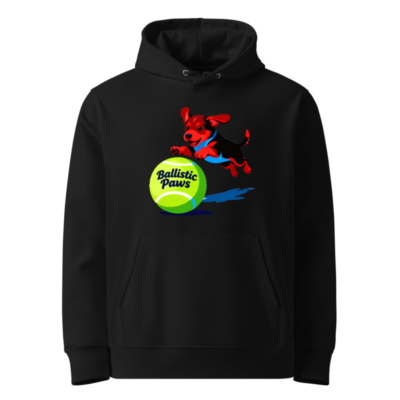 Ballistic Paws Unisex Eco Hoodie - Sustainable Essential Sweatshirt with Dog & Tennis Ball Graphic