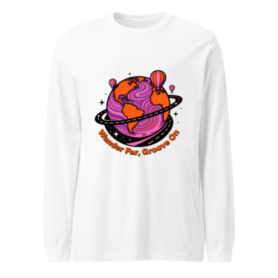 Wander Far, Groove On Long Sleeve Tee | Unisex Psychedelic Globe Design