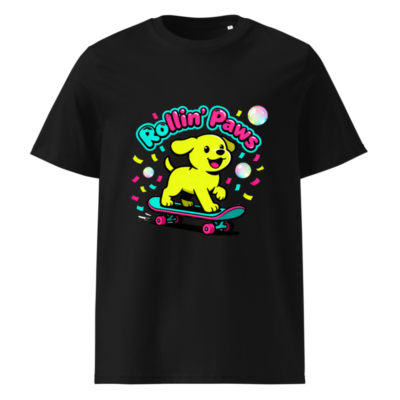 Unisex Organic Cotton T-Shirt | Rollin' Paws Yellow Puppy Skateboard Design