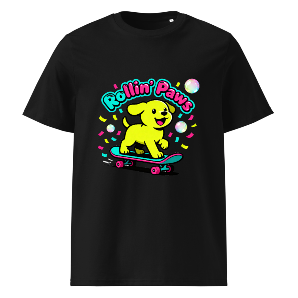 Unisex Organic Cotton T-Shirt | Rollin' Paws Yellow Puppy Skateboard Design