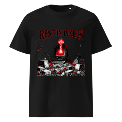 Rest in Pixels T-Shirt - Unisex Organic Cotton Tee with Low Battery Graveyard Design